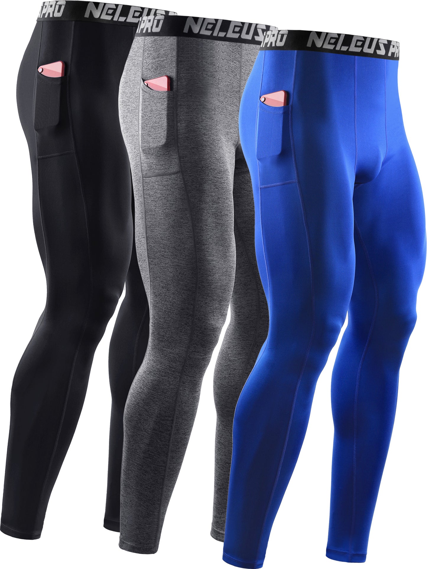 NELEUS Mens Dry Fit Compression Base layer Pants Running Tights Leggings With Phone Pocket