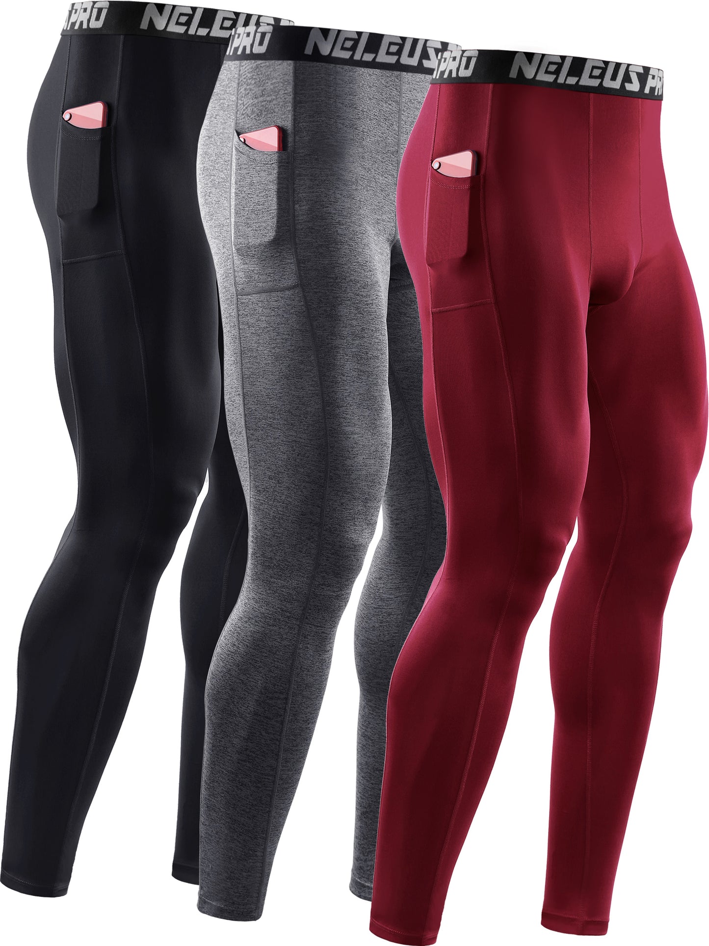 NELEUS Mens Dry Fit Compression Base layer Pants Running Tights Leggings With Phone Pocket