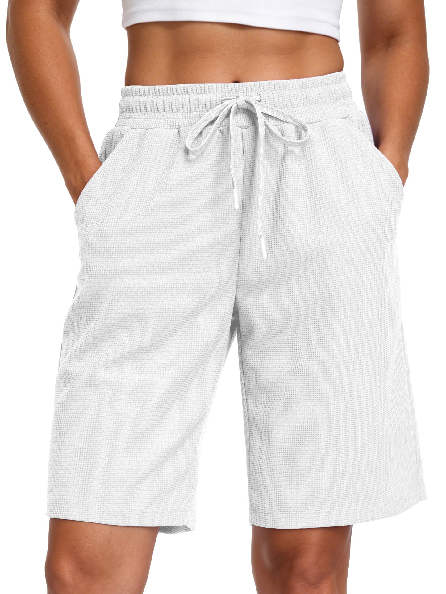 NELEUS Women's 9" Bermuda Shorts Waffle Knit High Waisted Breathable Lounge Casual Shorts with Pockets