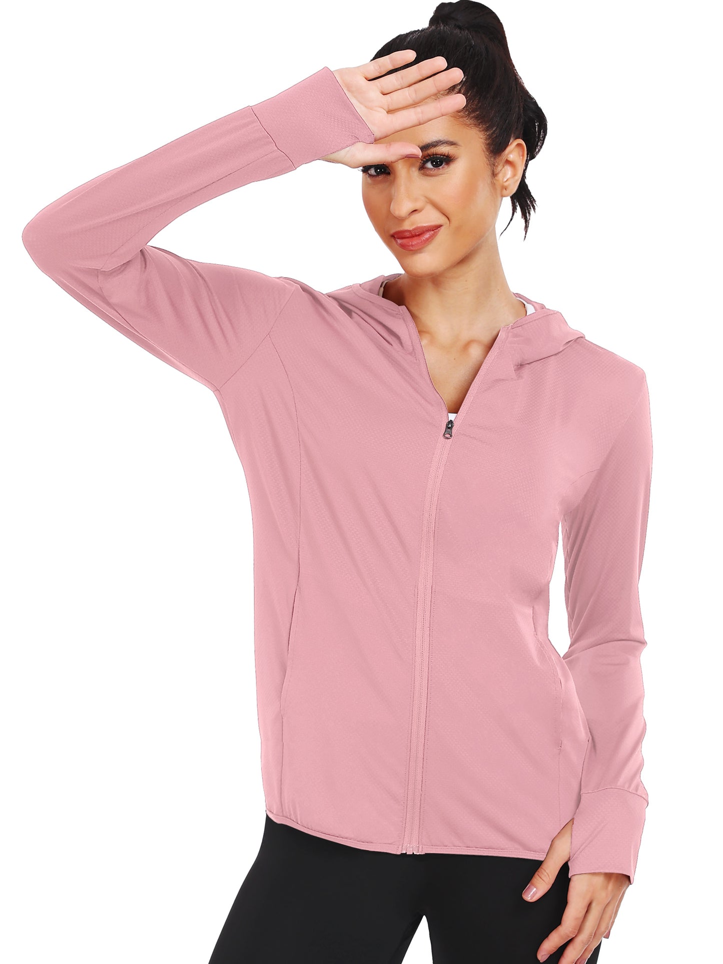 NELEUS Womens UPF 50+ Hooded Athletic Jackets High Collar Full Zipper with Thumb Holes Ponytail Hole and Pockets