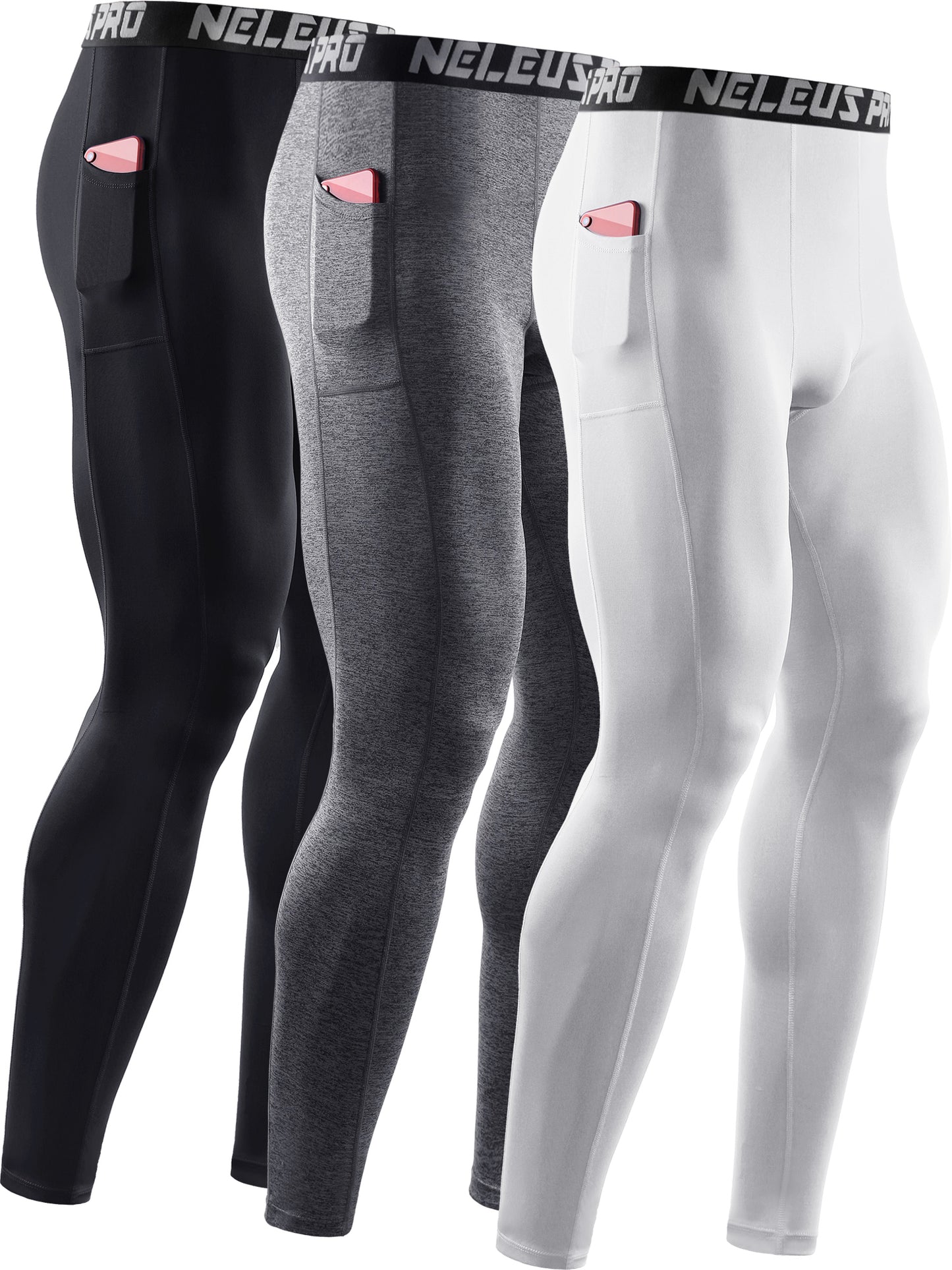NELEUS Mens Dry Fit Compression Base layer Pants Running Tights Leggings With Phone Pocket