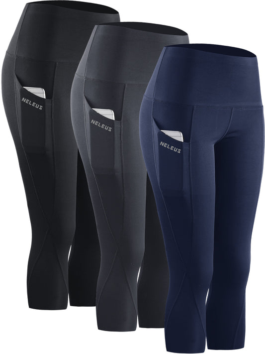 NELEUS Womens Tummy Control High Waist Capri Yoga Leggings with Pocket
