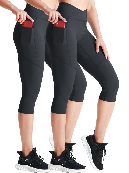 NELEUS Womens V Cross Waist Capri Yoga Leggings for Workout Non See Through with 2 Pockets