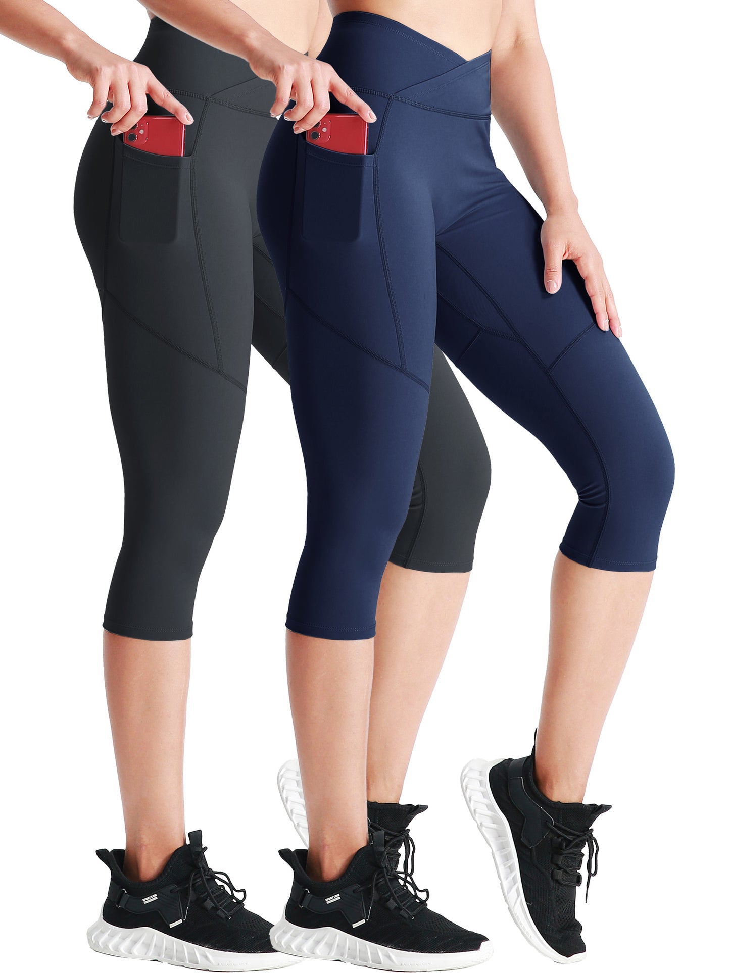 NELEUS Womens V Cross Waist Capri Yoga Leggings for Workout Non See Through with 2 Pockets