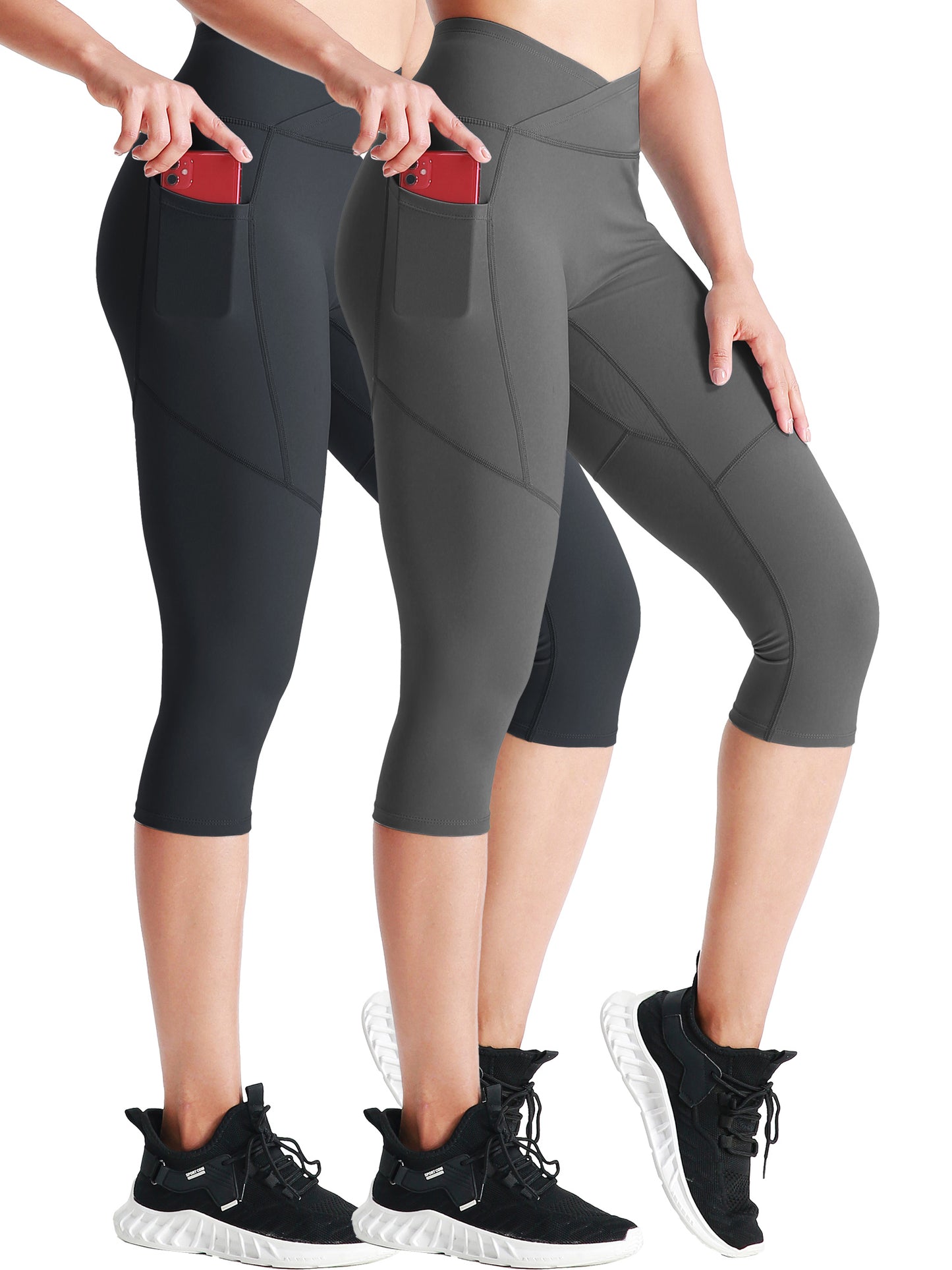 NELEUS Womens V Cross Waist Capri Yoga Leggings for Workout Non See Through with 2 Pockets