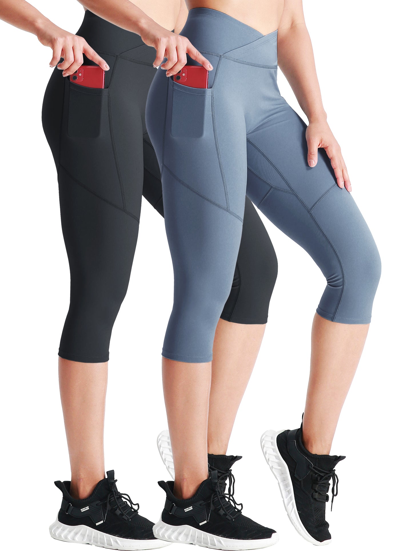 NELEUS Womens V Cross Waist Capri Yoga Leggings for Workout Non See Through with 2 Pockets