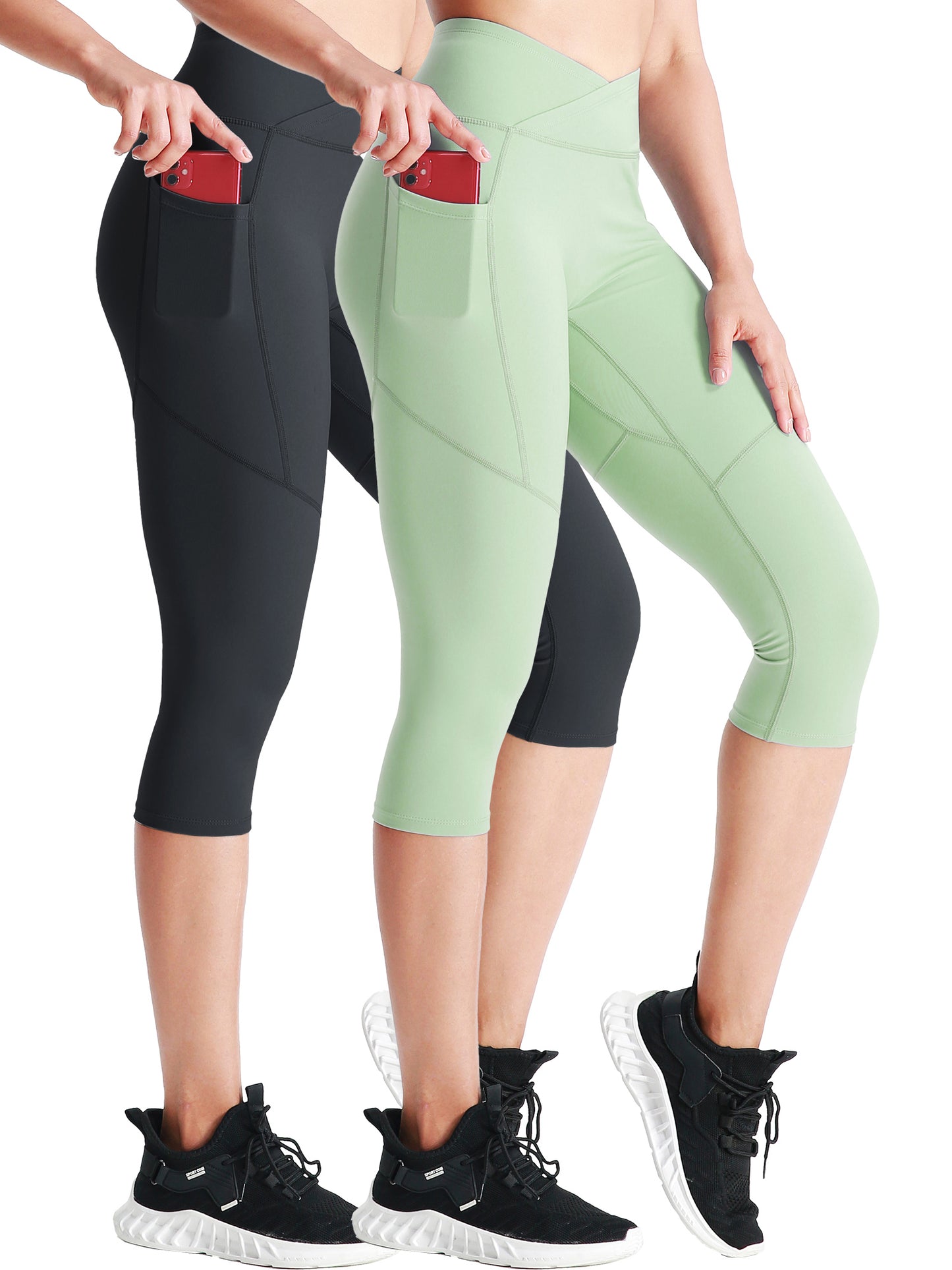 NELEUS Womens V Cross Waist Capri Yoga Leggings for Workout Non See Through with 2 Pockets