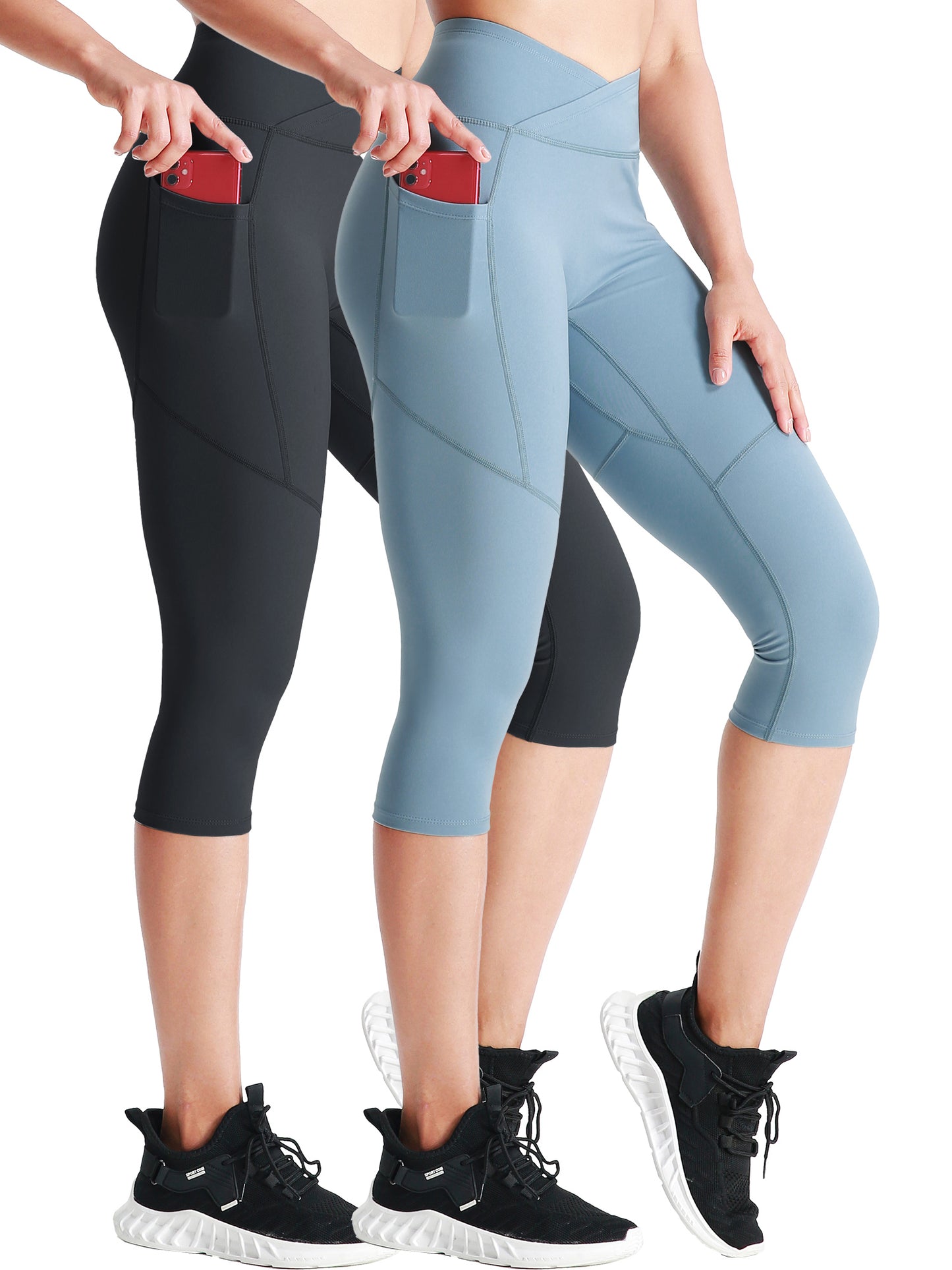 NELEUS Womens V Cross Waist Capri Yoga Leggings for Workout Non See Through with 2 Pockets