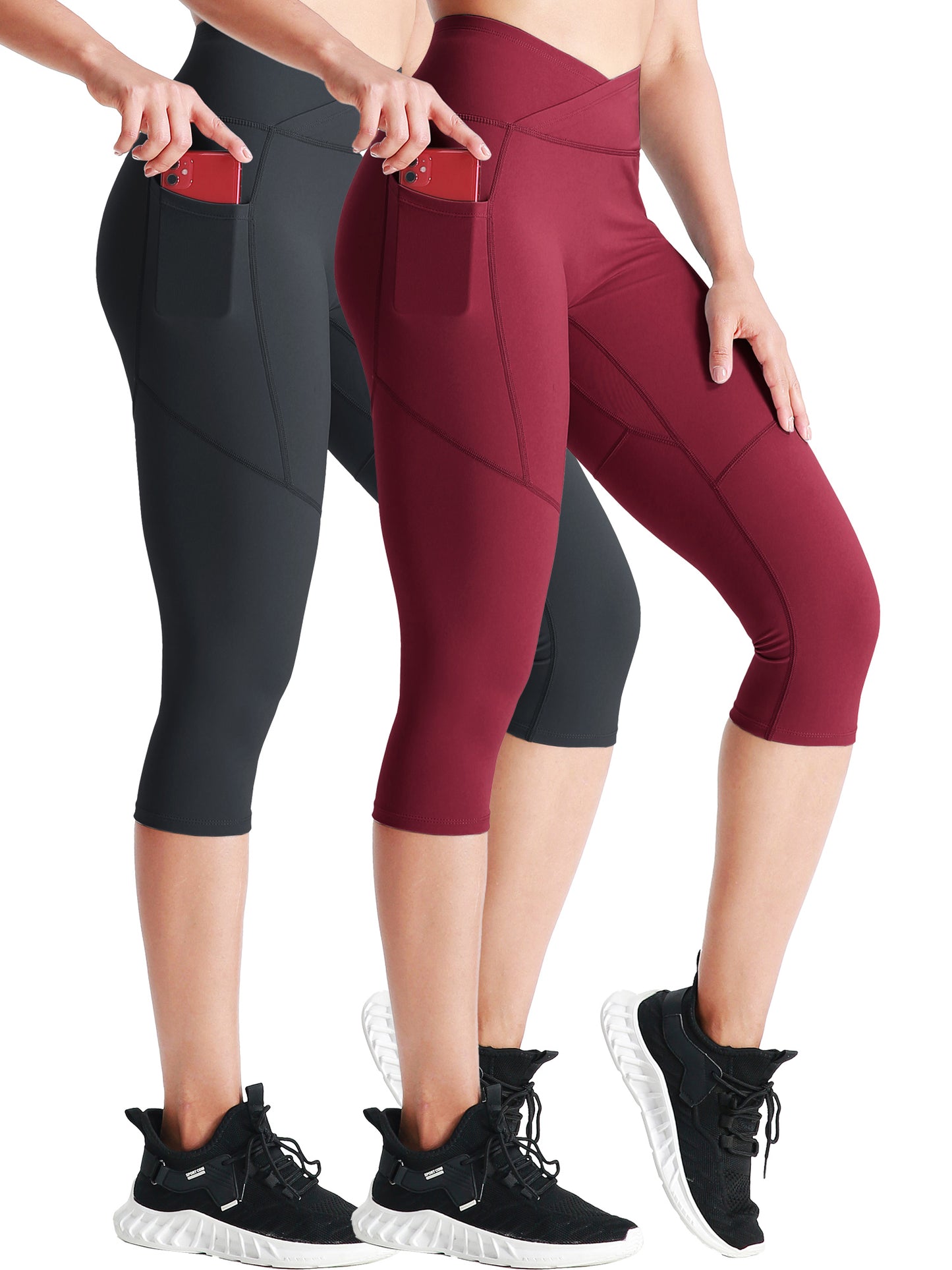 NELEUS Womens V Cross Waist Capri Yoga Leggings for Workout Non See Through with 2 Pockets