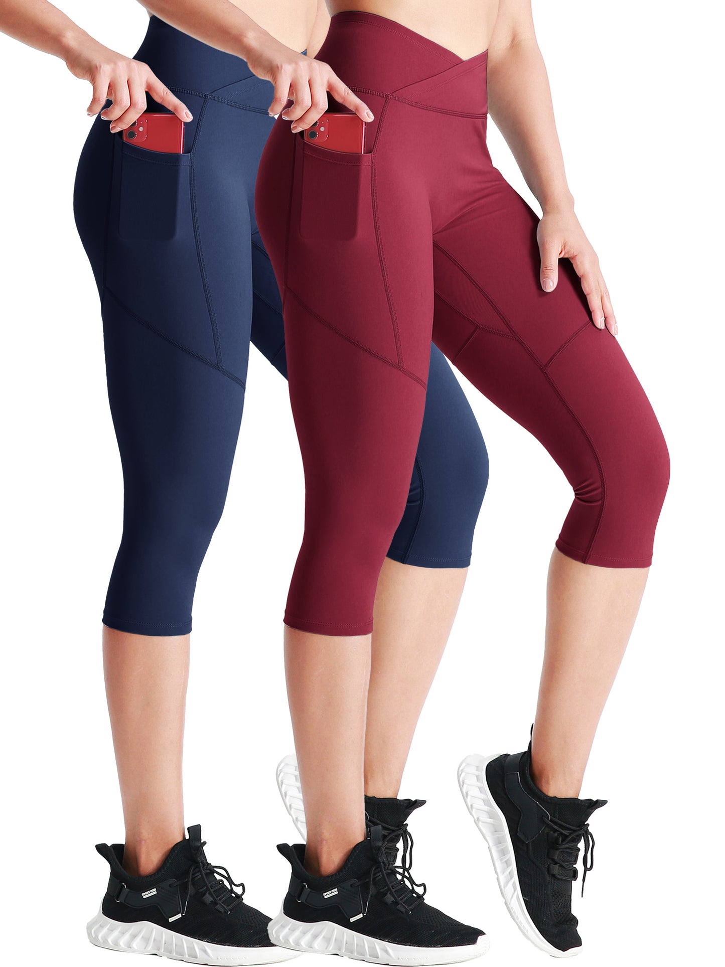 NELEUS Womens V Cross Waist Capri Yoga Leggings for Workout Non See Through with 2 Pockets