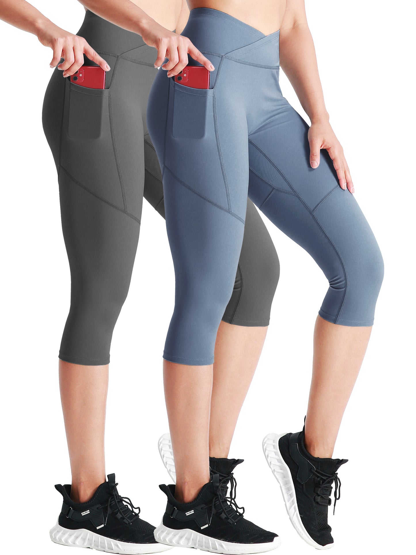 NELEUS Womens V Cross Waist Capri Yoga Leggings for Workout Non See Through with 2 Pockets