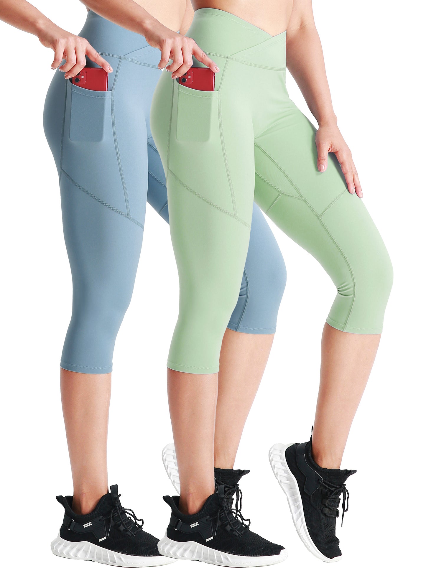 NELEUS Womens V Cross Waist Capri Yoga Leggings for Workout Non See Through with 2 Pockets