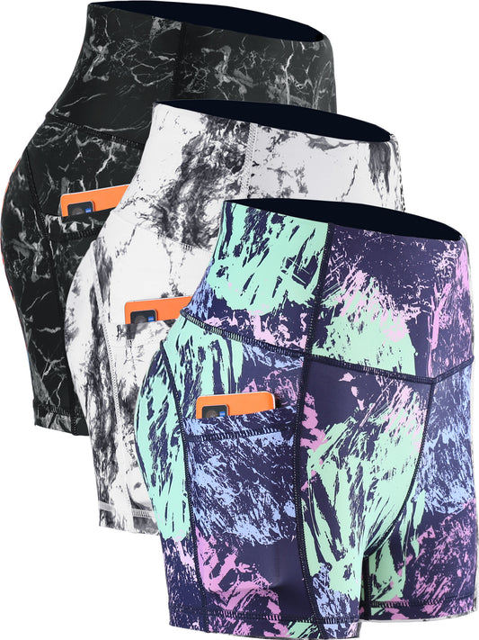 NELEUS Womens High Waist Print Shorts Yoga Spandex Shorts Workout Side Pockets 3 pack