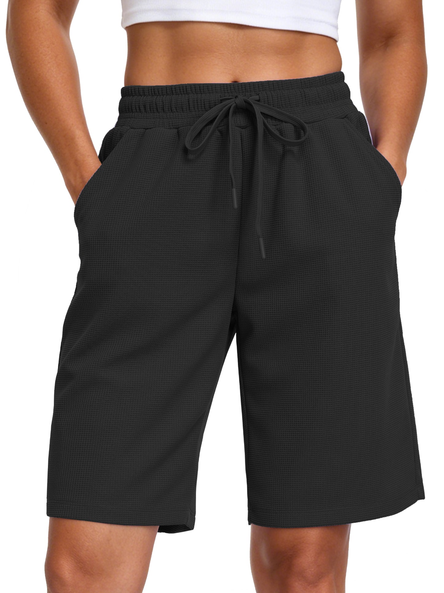 NELEUS Women's 9" Bermuda Shorts Waffle Knit High Waisted Breathable Lounge Casual Shorts with Pockets