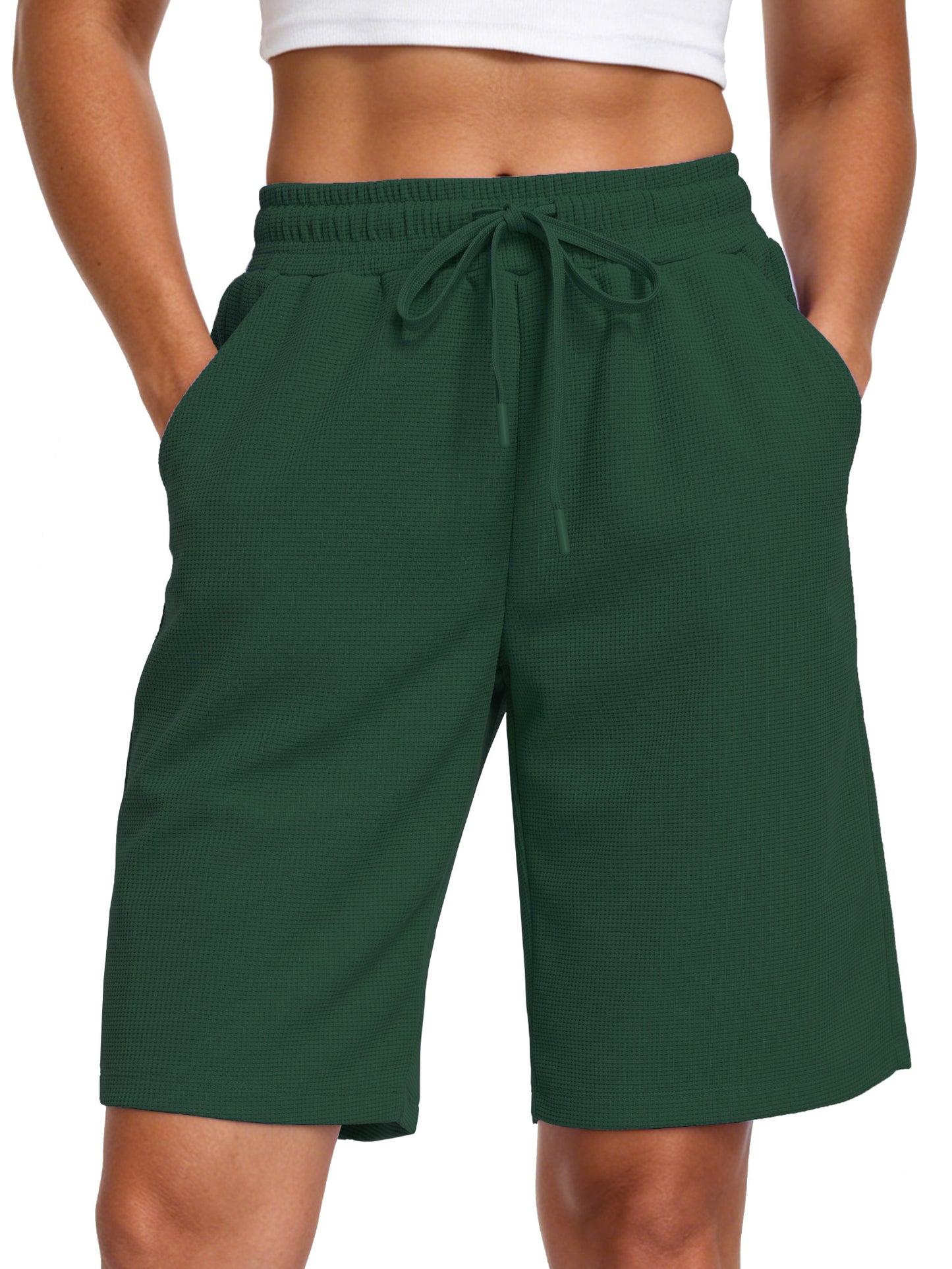 NELEUS Women's 9" Bermuda Shorts Waffle Knit High Waisted Breathable Lounge Casual Shorts with Pockets