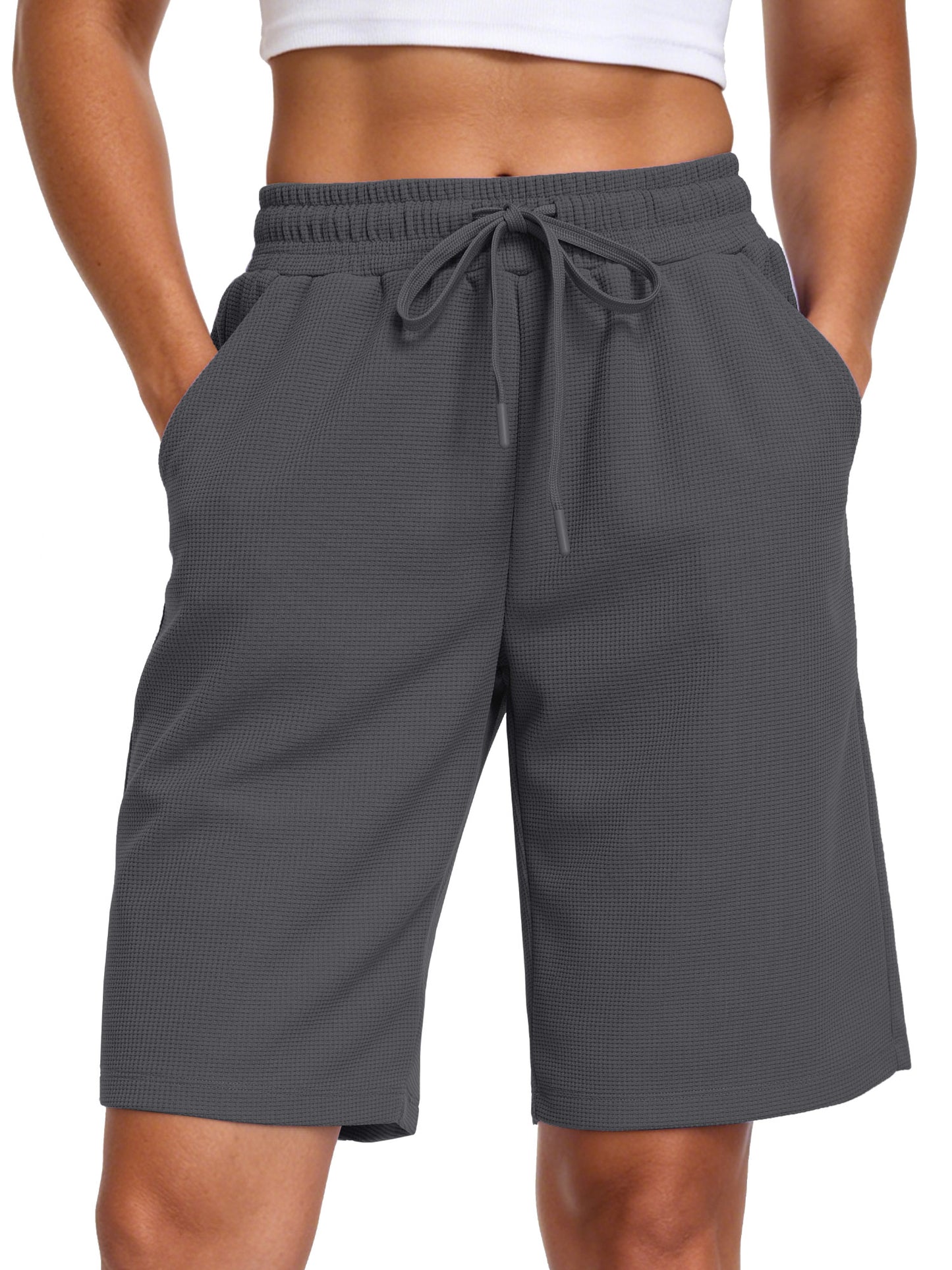 NELEUS Women's 9" Bermuda Shorts Waffle Knit High Waisted Breathable Lounge Casual Shorts with Pockets
