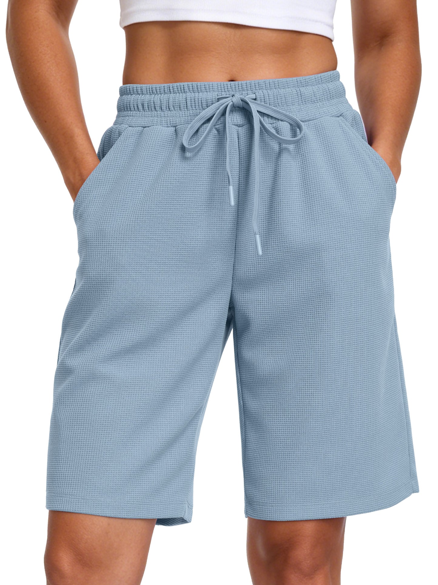 NELEUS Women's 9" Bermuda Shorts Waffle Knit High Waisted Breathable Lounge Casual Shorts with Pockets