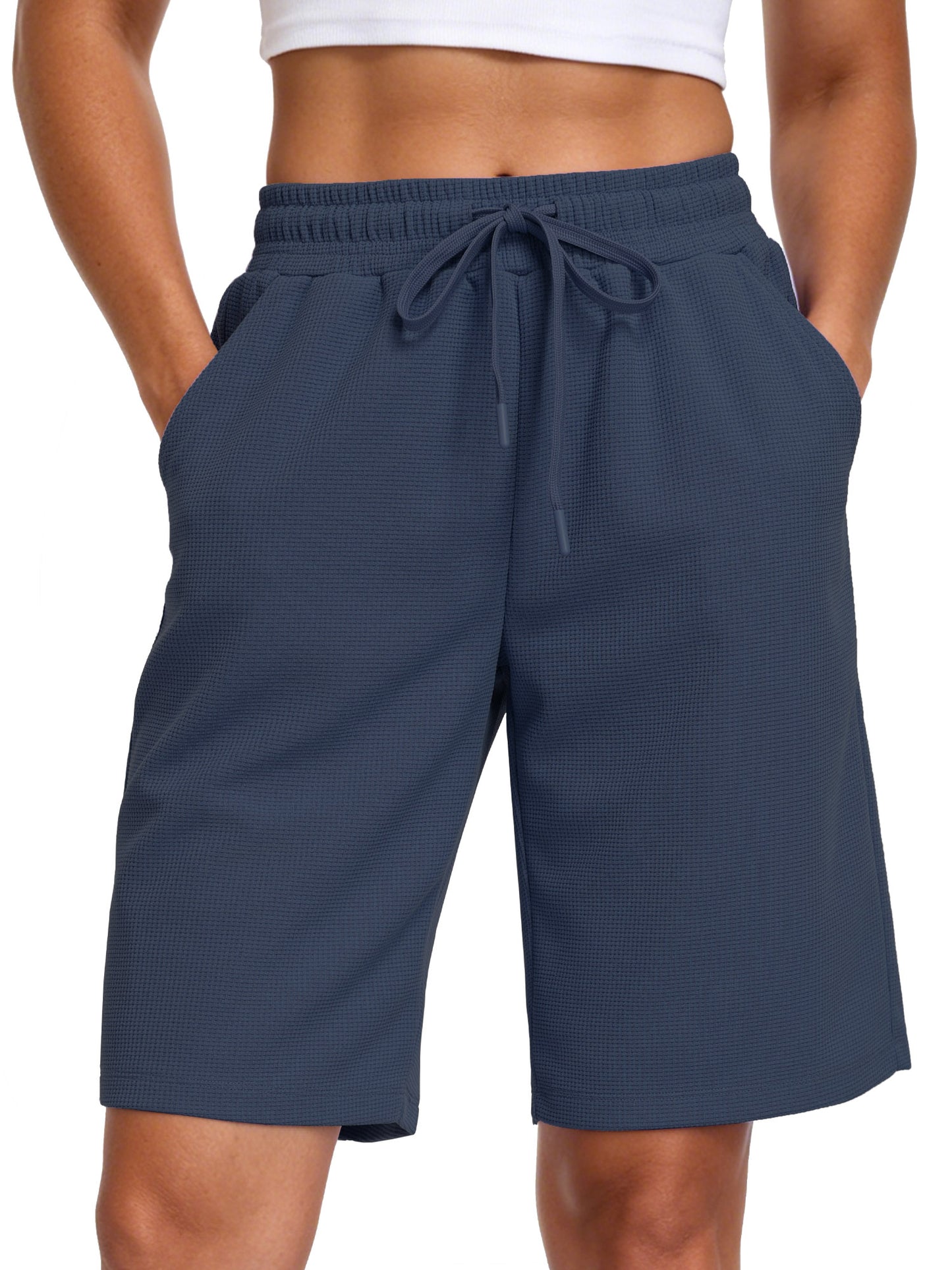 NELEUS Women's 9" Bermuda Shorts Waffle Knit High Waisted Breathable Lounge Casual Shorts with Pockets