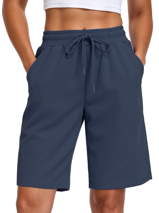 NELEUS Women's 9" Bermuda Shorts Waffle Knit High Waisted Breathable Lounge Casual Shorts with Pockets