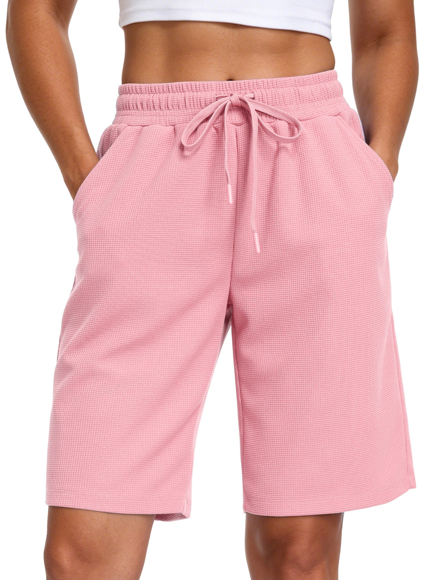 NELEUS Women's 9" Bermuda Shorts Waffle Knit High Waisted Breathable Lounge Casual Shorts with Pockets