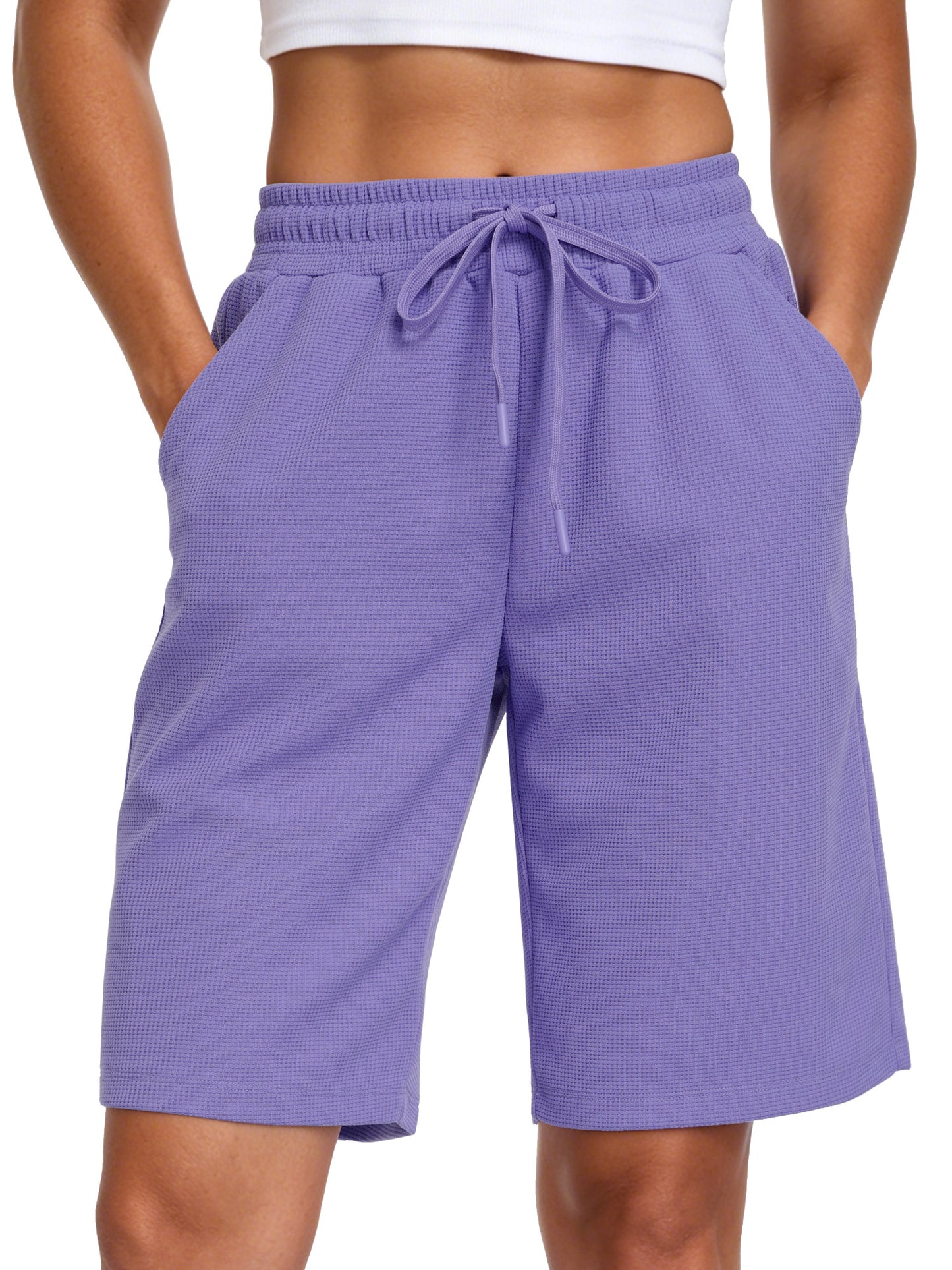 NELEUS Women's 9" Bermuda Shorts Waffle Knit High Waisted Breathable Lounge Casual Shorts with Pockets